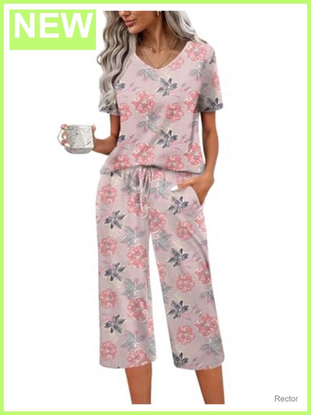 Women's Cotton Blend Pajama Set Short Sleeve Top with Capri Pants Lounge